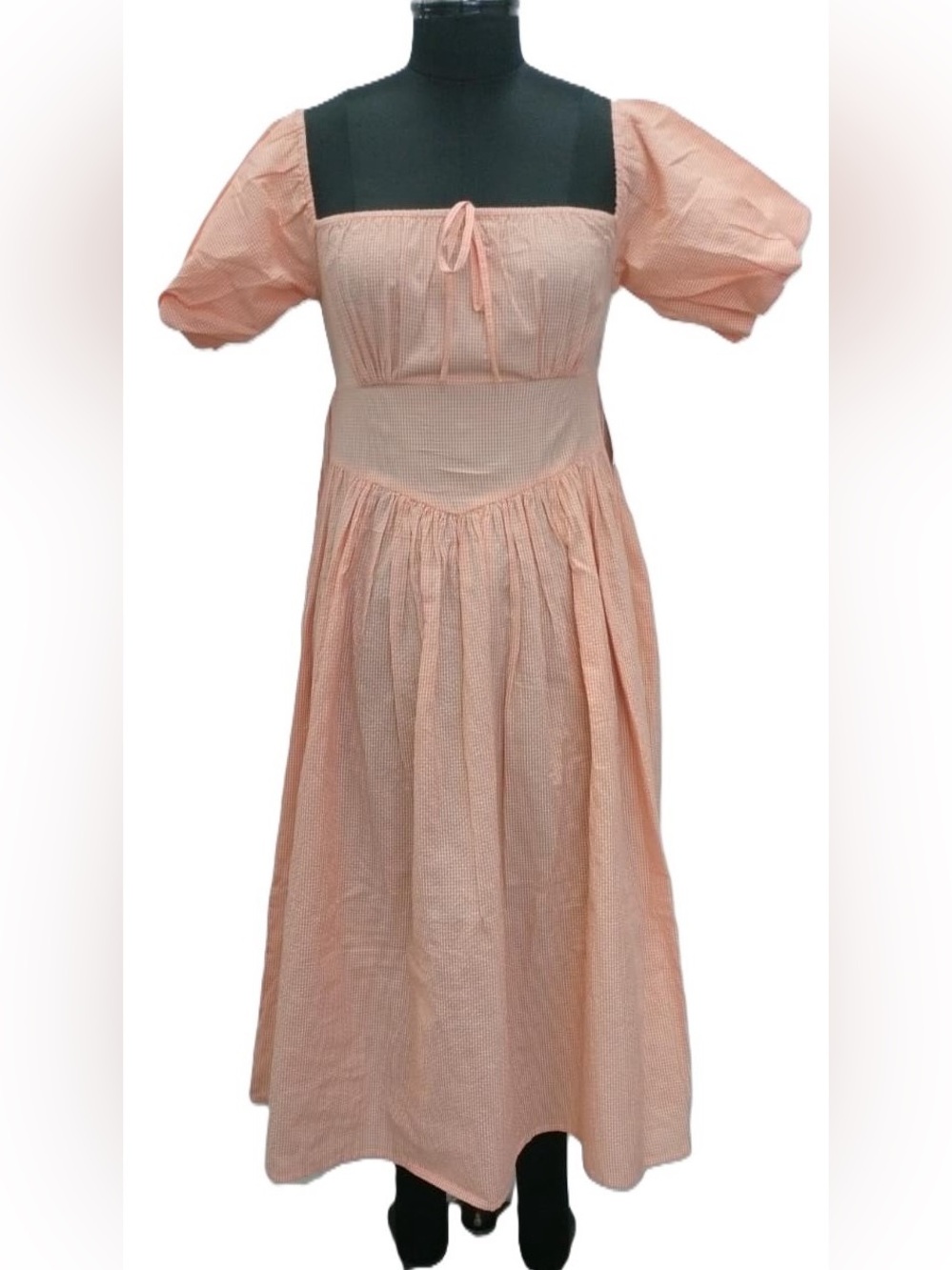 Square Neck Peach Midi Dress with Puff Sleeves